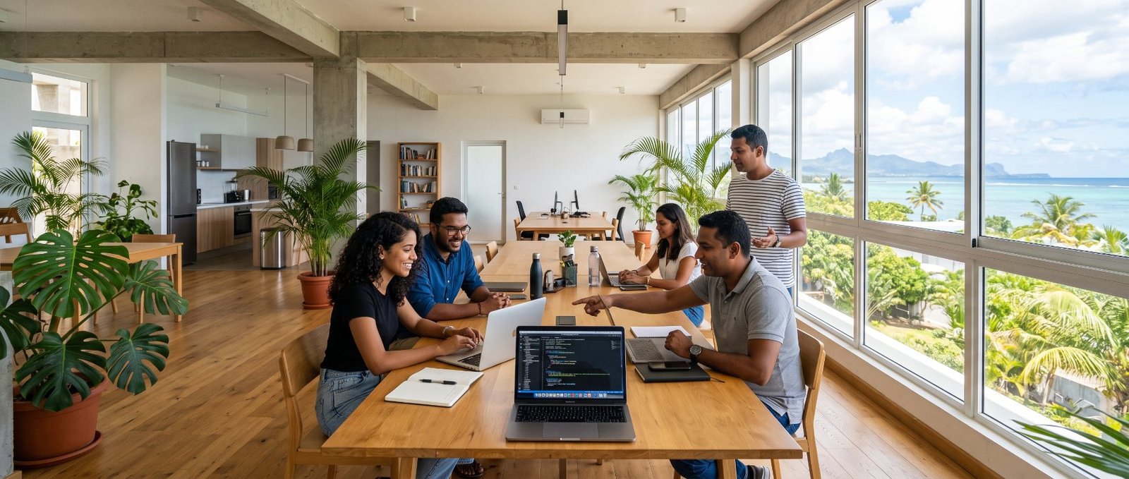 The Clarix team working together at a shared table in a bright open-plan office, with the Mauritian coast visible through the windows
