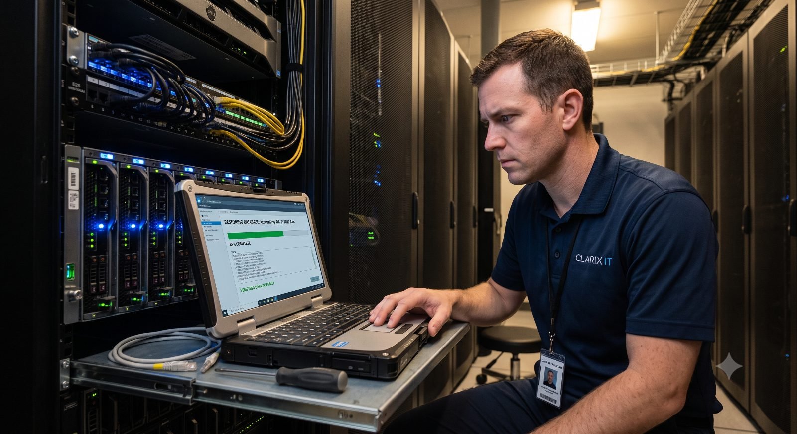 A Clarix IT technician watching a database restore reach 65% on a laptop beside a server rack