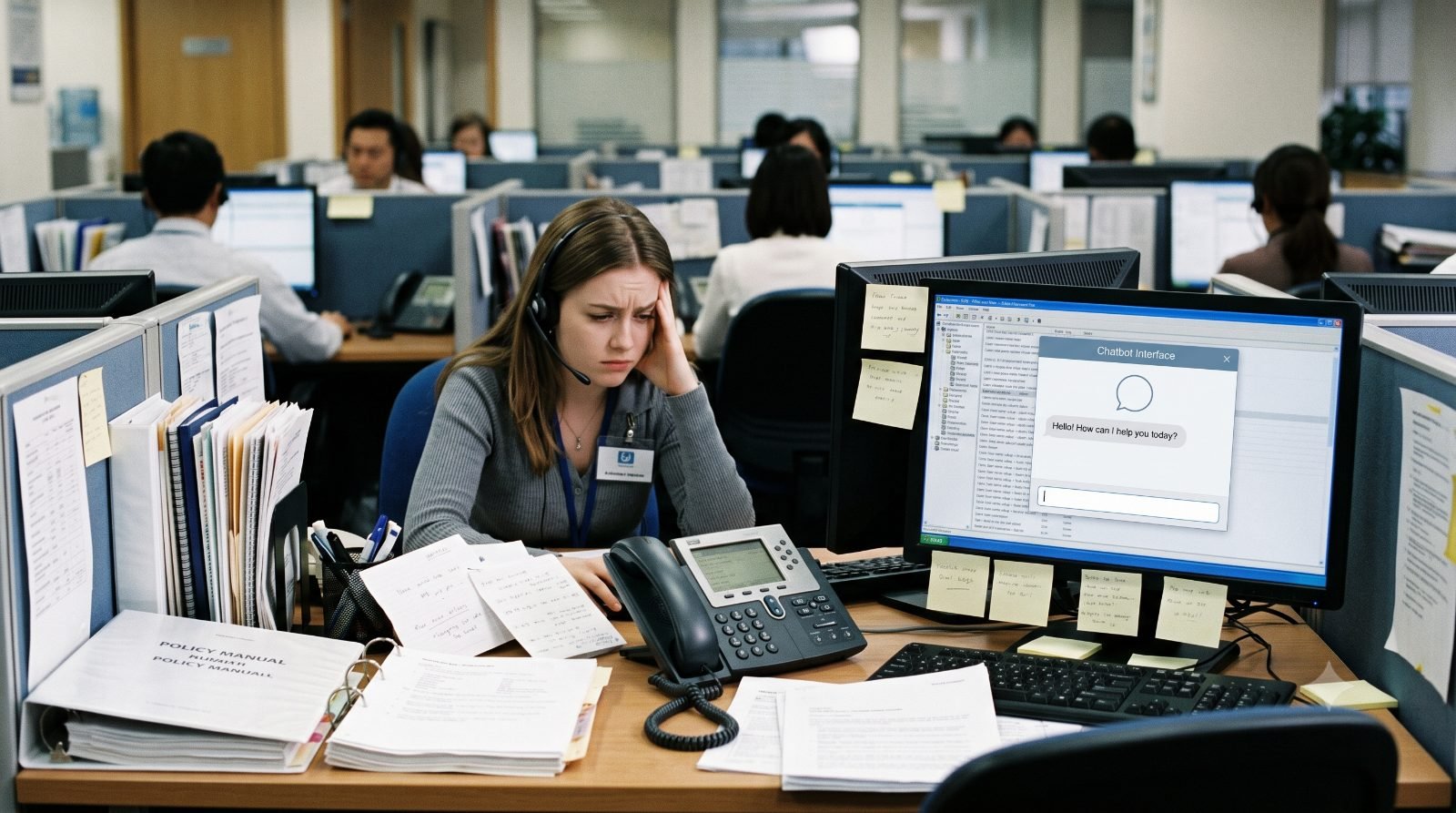 A support agent at a busy desk surrounded by handwritten notes and a policy manual, with a chatbot window open on screen