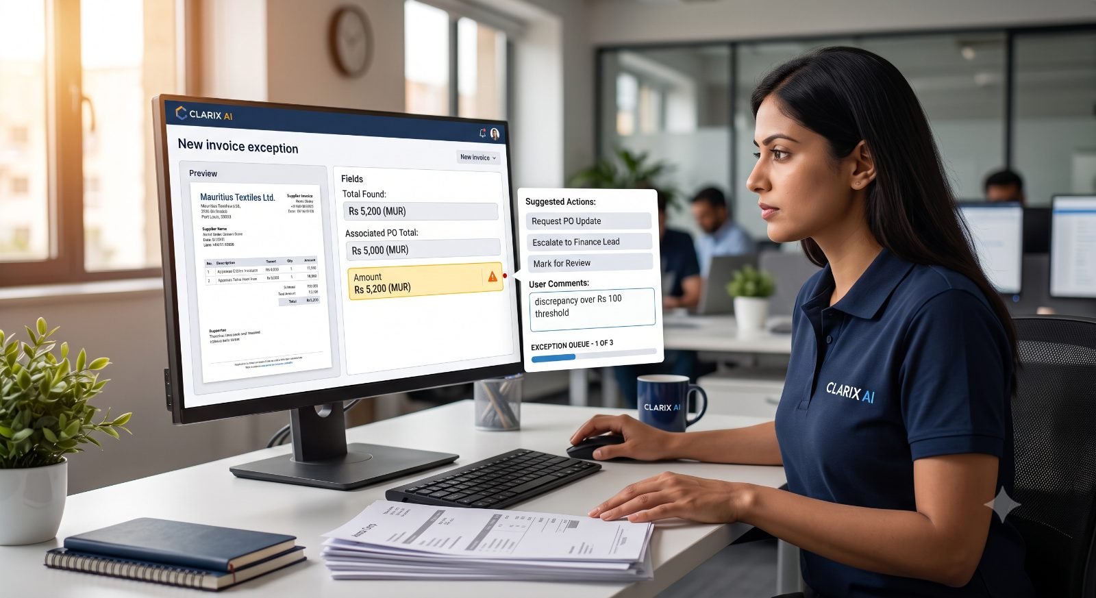 A Clarix AI colleague reviewing a flagged invoice exception where a supplier invoice total of Rs 5,200 does not match the Rs 5,000 purchase order