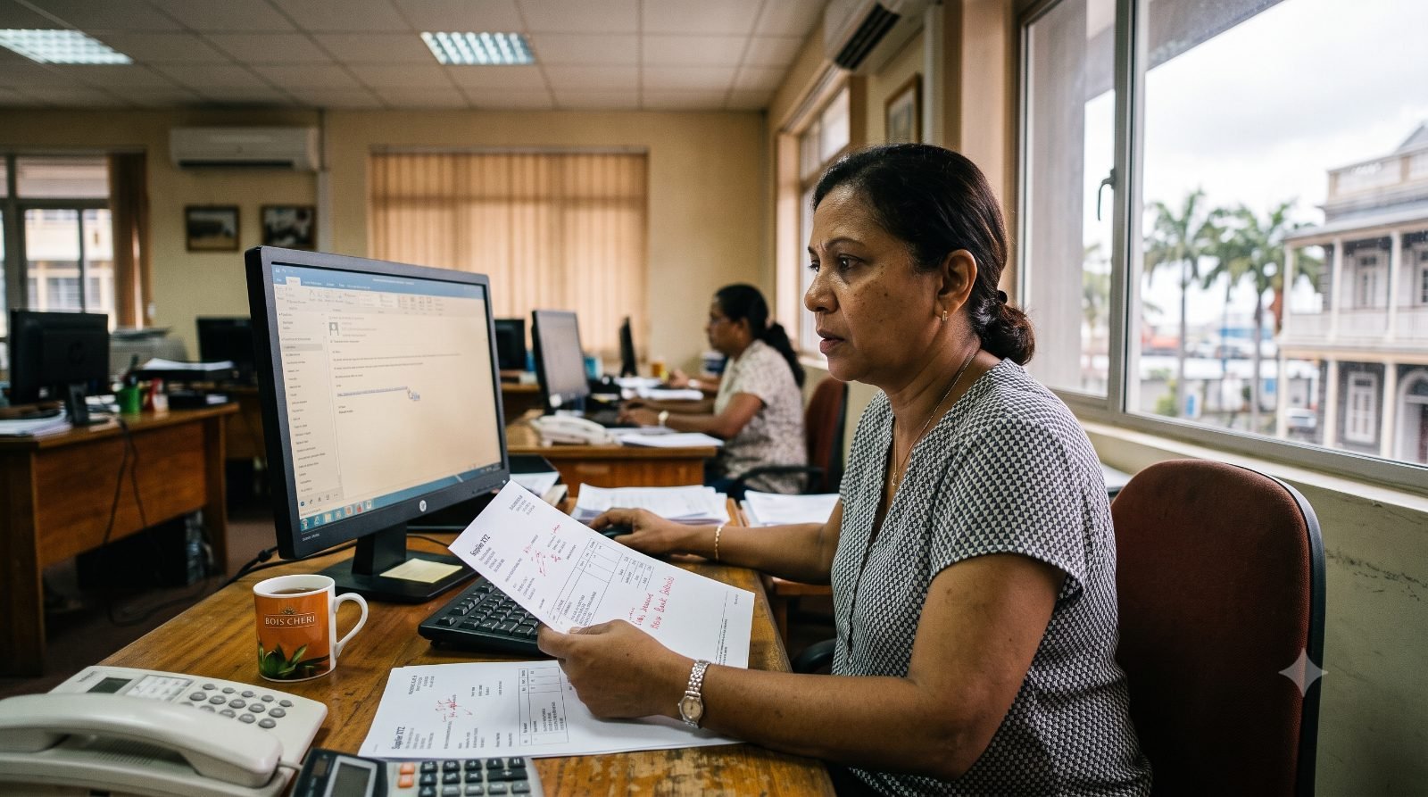 A finance officer in a Port Louis office comparing a supplier invoice against an email requesting a change of bank details, desk phone within reach