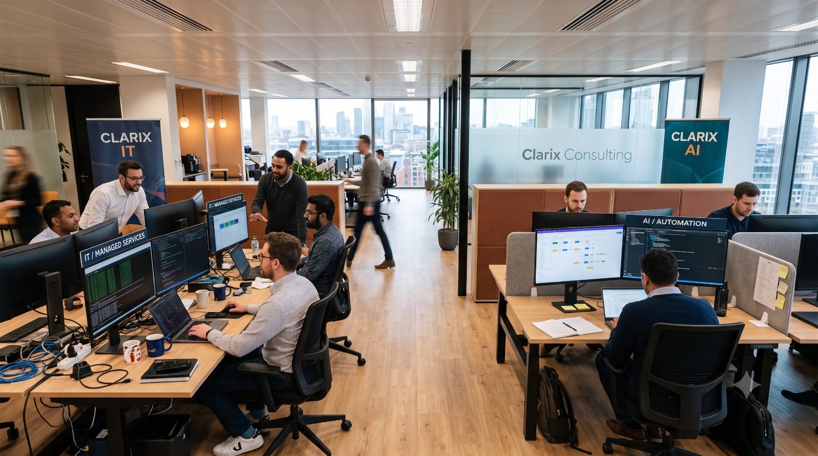 The Clarix managed IT team and the AI automation team working in the same Albion office
